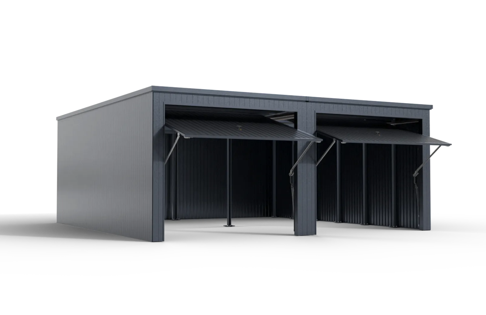 Eine Grafik, die eine moderne, metallische Doppelgarage mit zwei geöffneten Schwingtoren zeigt, bereit zur Aufnahme von Fahrzeugen.